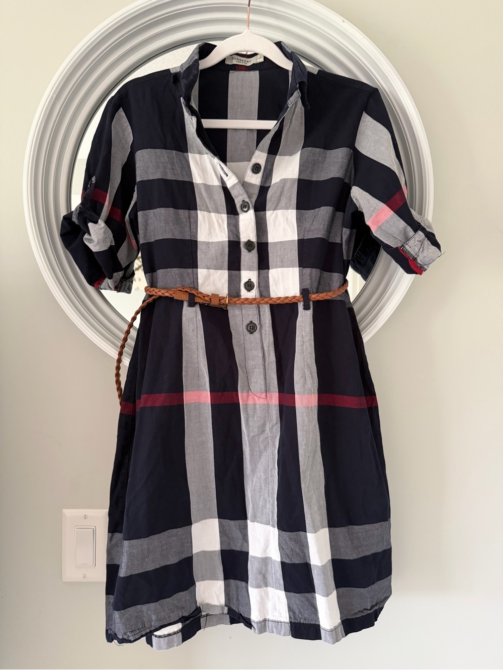 Burberry Navy, White and Red Plaid Mini Shirt Dress